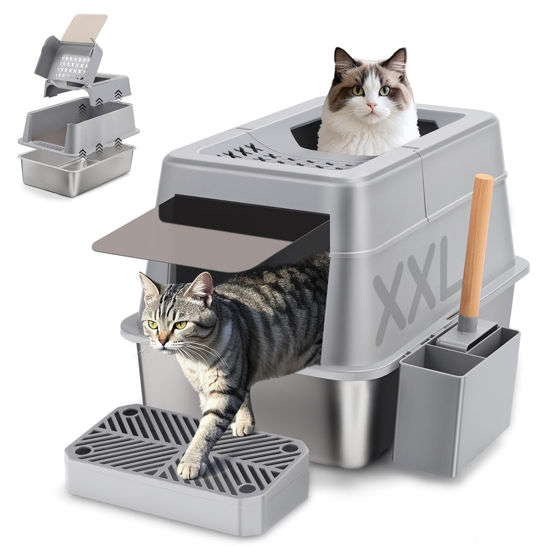 Edelstahl Katzenklo mit Deckel, 110° Flip-Cover Design XXL Geschlossen Katzentoilette aus Edelstahl,