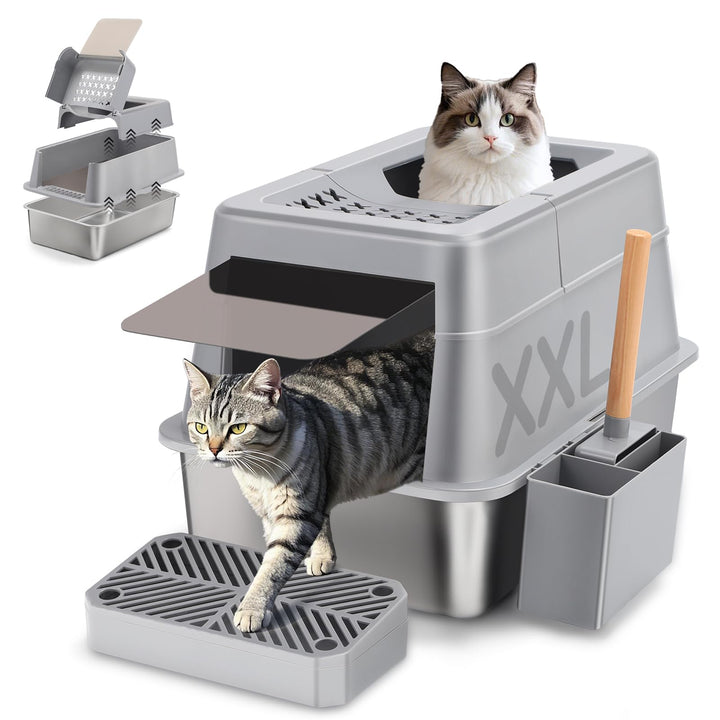 Edelstahl Katzenklo mit Deckel, 110° Flip-Cover Design XXL Geschlossen Katzentoilette aus Edelstahl,