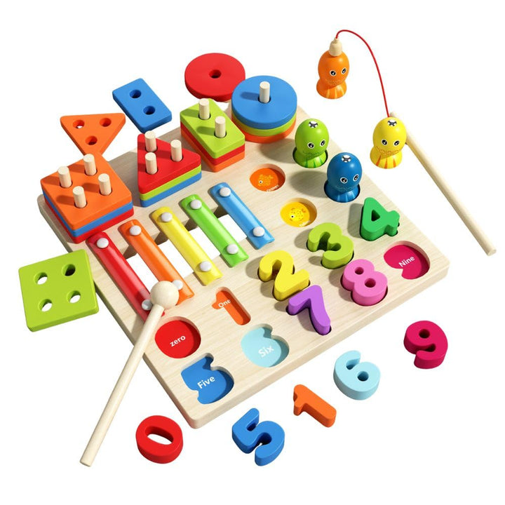 Vier in eins Holzspielzeug für Kinder, Zahlenspiel, Musikspielzeug, Farblerntafel, Fähigkeiten Entwi