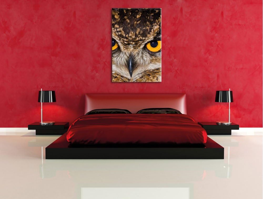 Eule mit gelben Augen, Format: 100x70 auf Leinwand, XXL riesige Bilder fertig gerahmt mit Keilrahmen