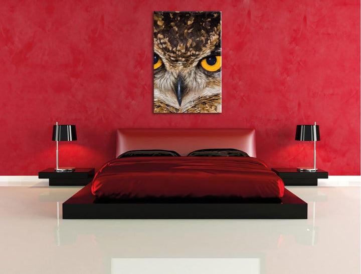 Eule mit gelben Augen, Format: 100x70 auf Leinwand, XXL riesige Bilder fertig gerahmt mit Keilrahmen