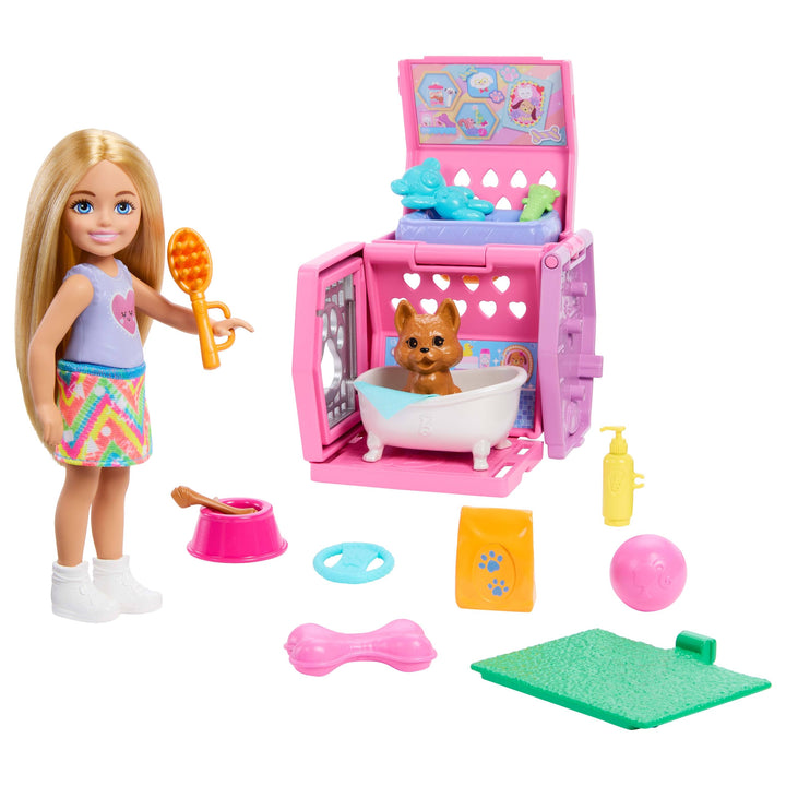 Barbie Chelsea Welpentrage-Spielset, kleine Blonde Puppe und Zubehör, Transportbox, mit Spielzeug fü