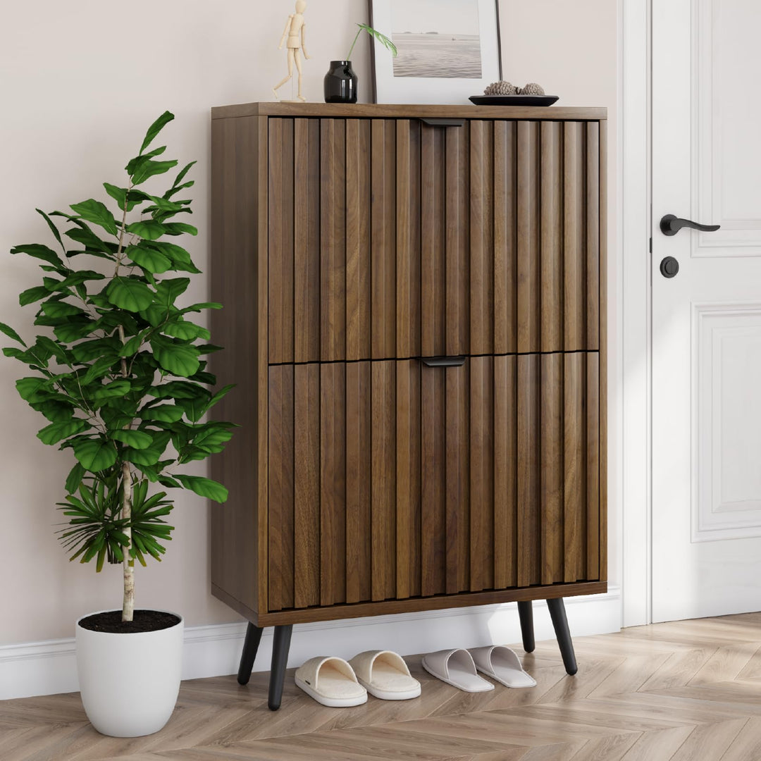 Smuxee Schuhschrank mit 2 Klappschubladen, 23,6 Zoll (60 cm) Nussbaum Holz Schuhschrank mit geriffel