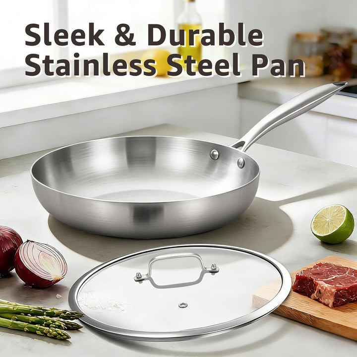 Inqibee Edelstahlpfanne Bratpfanne Unbeschichtet 22 cm mit Deckel - Pfanne Edelstahl, Stainless Stee