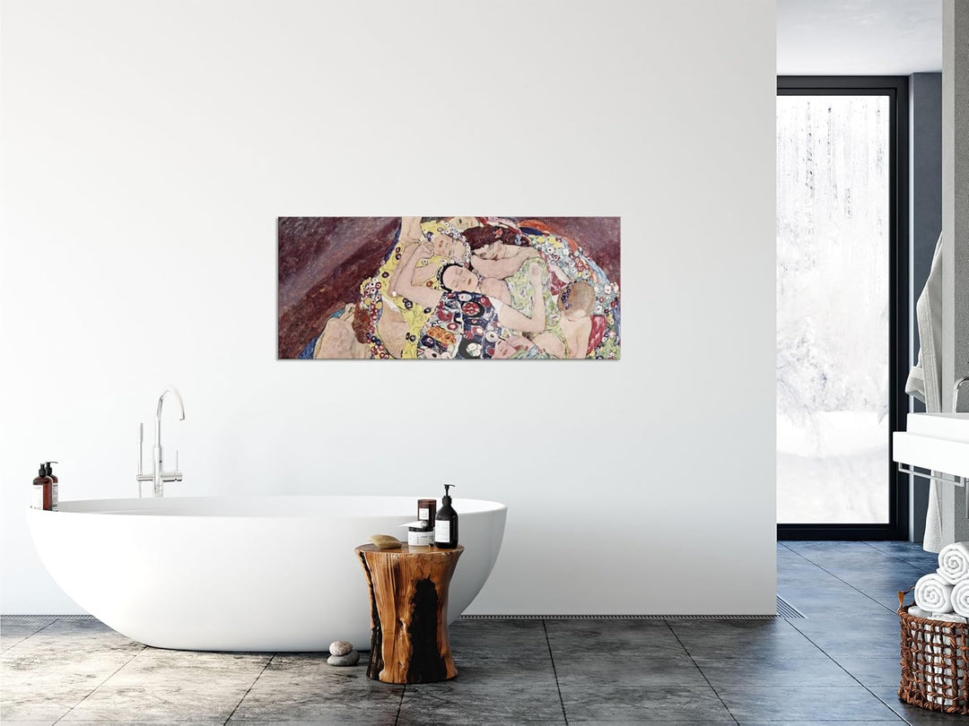 Pixxprint Glasbild Panorama, Wandbild aus Echtglas, Gustav Klimt - Die Jungfrau, 100x40 cm, inkl. Au