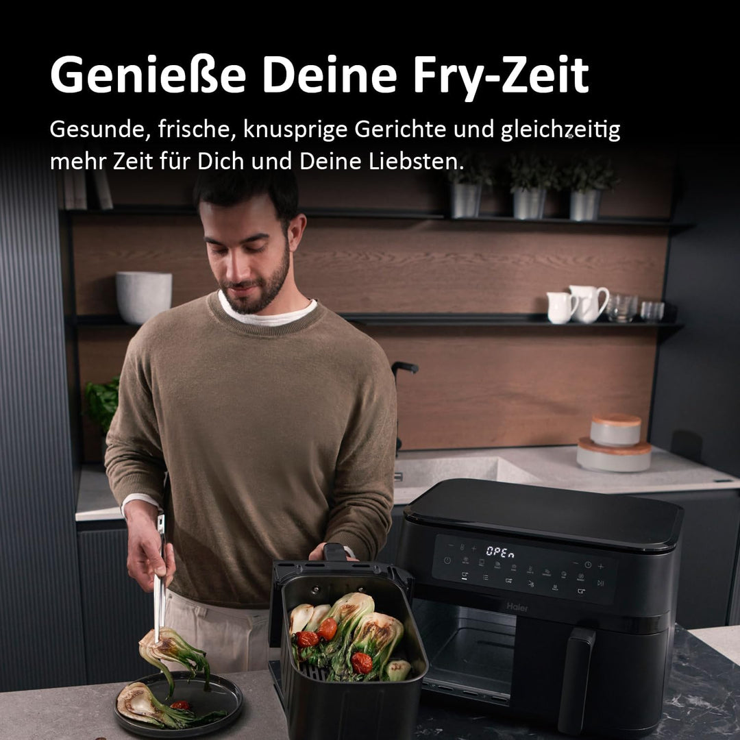 Haier Flex Heissluftfritteuse 2 Kammern I 11 L Airfryer Doppelkammer mit herausnehmbarer Trennwand &