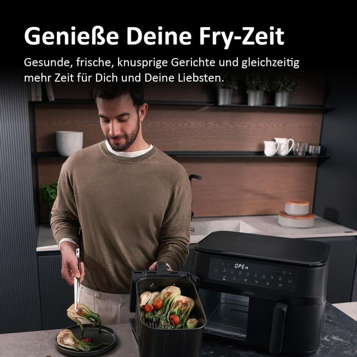 Haier Flex Heissluftfritteuse 2 Kammern I 11 L Airfryer Doppelkammer mit herausnehmbarer Trennwand &