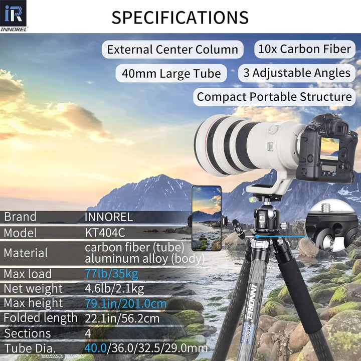 INNOREL KT404C Kompaktes 10-Lagen-Kohlefaser-Stativ 40mm Rohr Professionelles Hochleistungskamerasta
