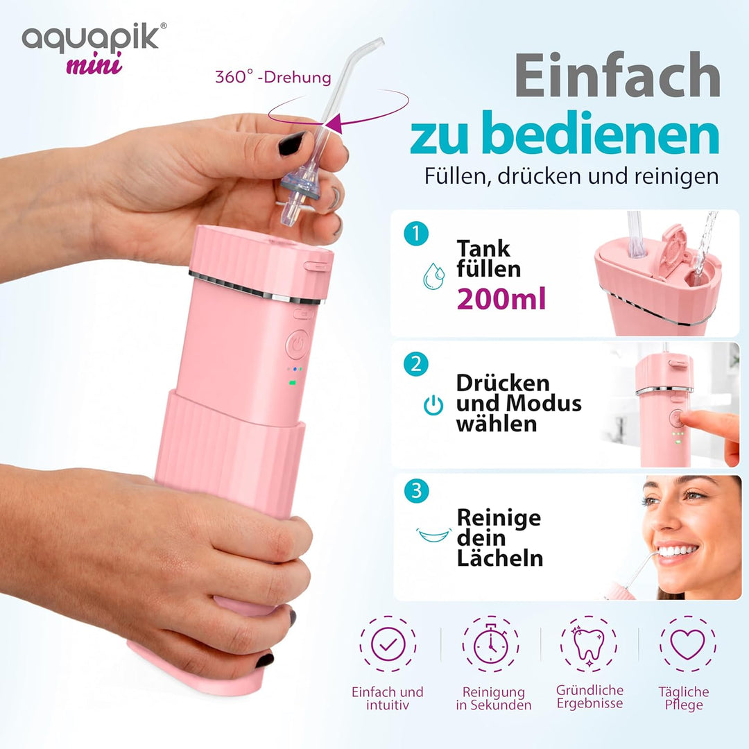 Aquapik® Mini tragbare, wiederaufladbare Munddusche Oral Irrigator 200 ml mit Teleskoptank, USB-C, 3