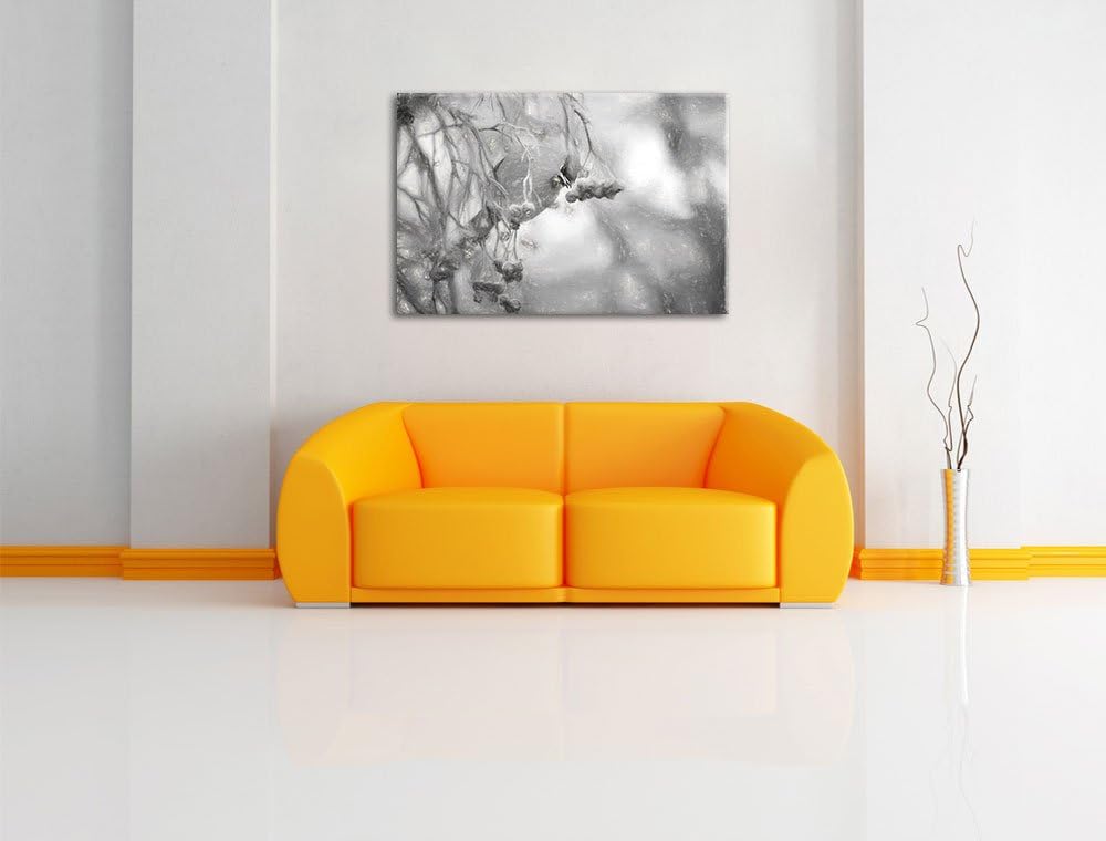 Pixxprint Kleiner Vogel im Vogelbeerbaum Kohle Zeichnung Effekt, Format: 100x70 auf Leinwand, XXL ri