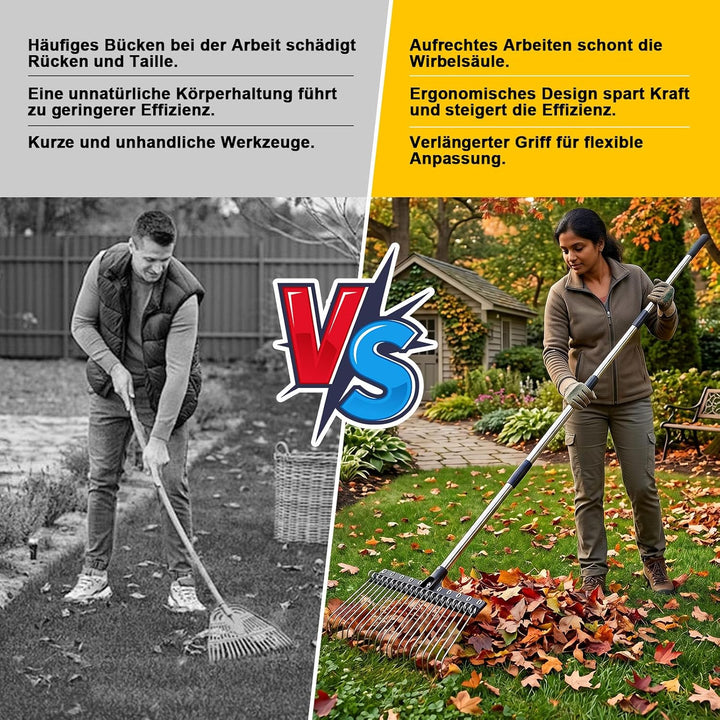 Rechen Garten mit Verstellbarem Stiel Breiter Gartenrechen mit 22 Federstahlzinken für Rasen, Laub &amp;