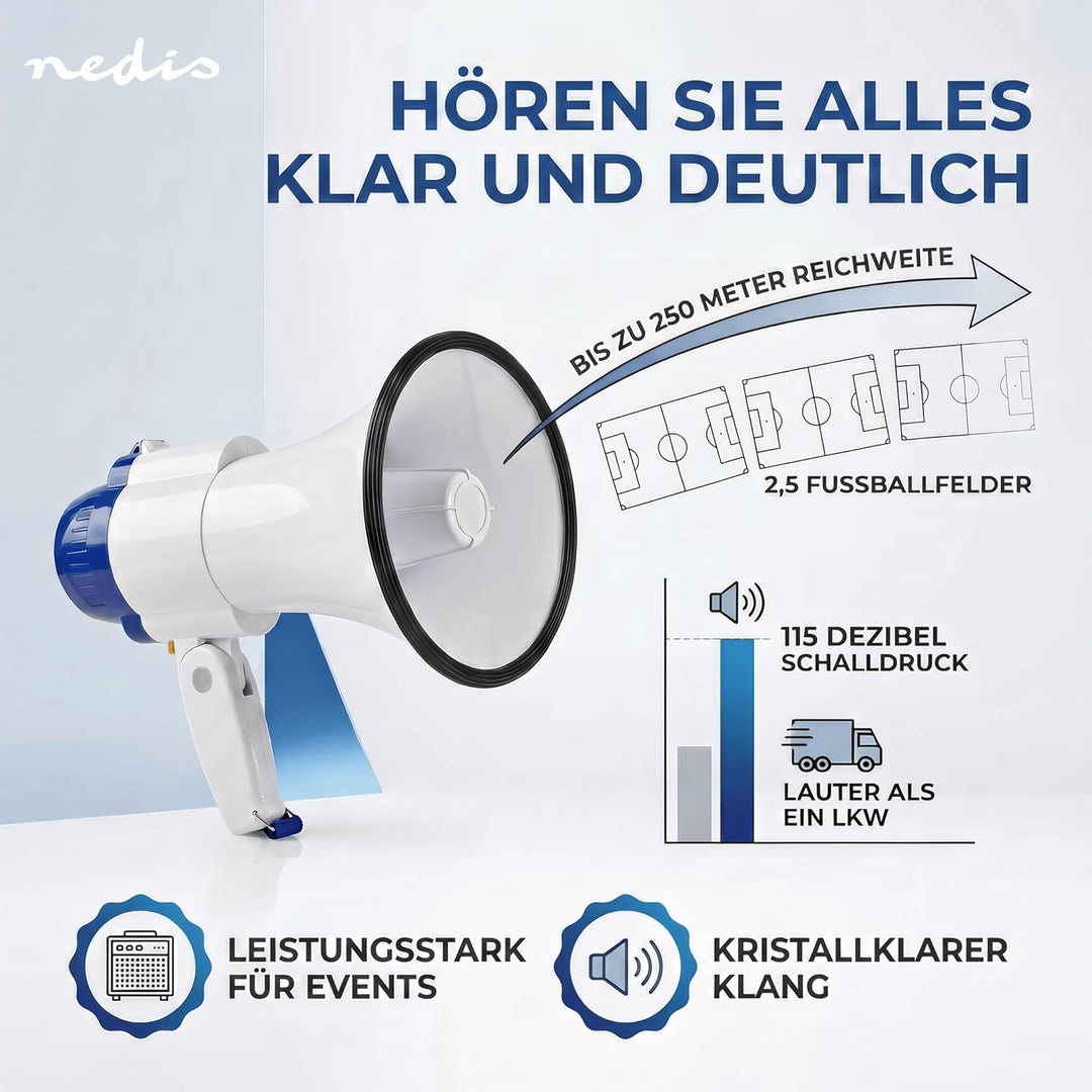 Megaphon - Maximale Reichweite: 1500 m - max. Lautstärke-Regler: 120 dB - Abnehmbares Mikrofon - Ein