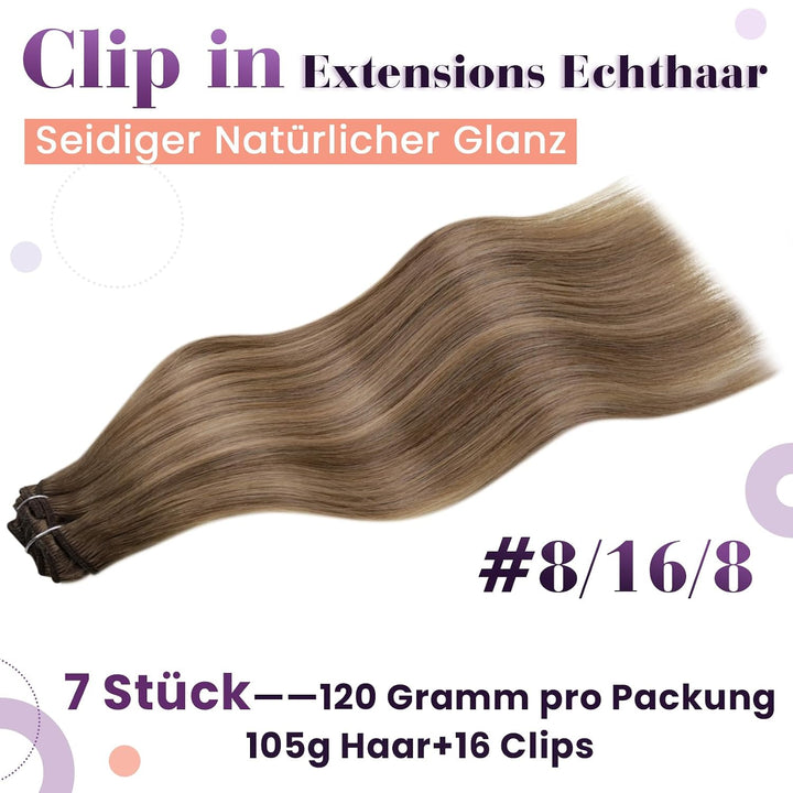 LaaVoo Clip in Extensions Echthaar Braun Balayage 55cm Extensions Echthaar Clips Hellbraun Balayage