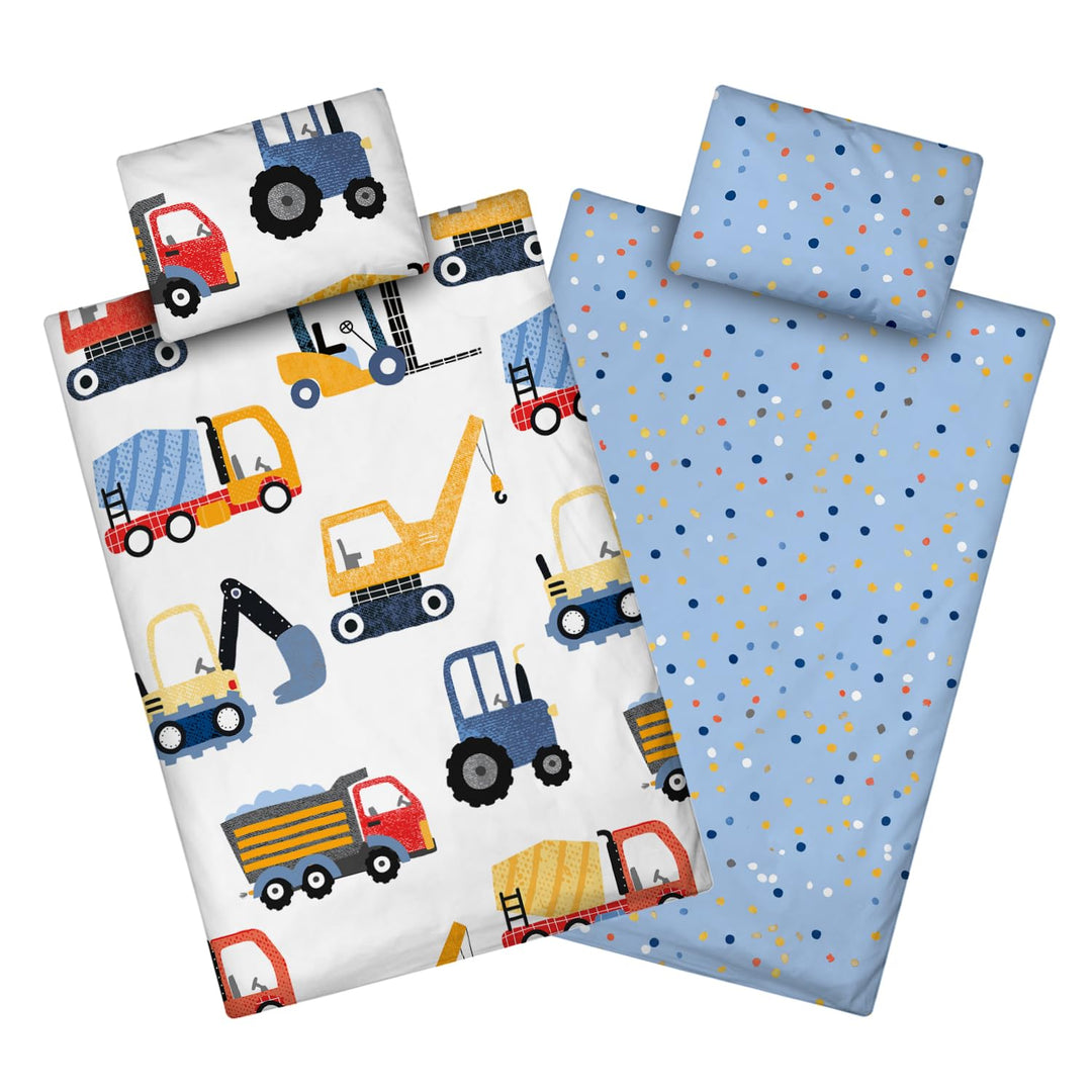 Aminata kids Kinderbettwäsche 100x135 Jungen Bagger Baustelle Baufahrzeuge Baumwolle mit YKK Reissve