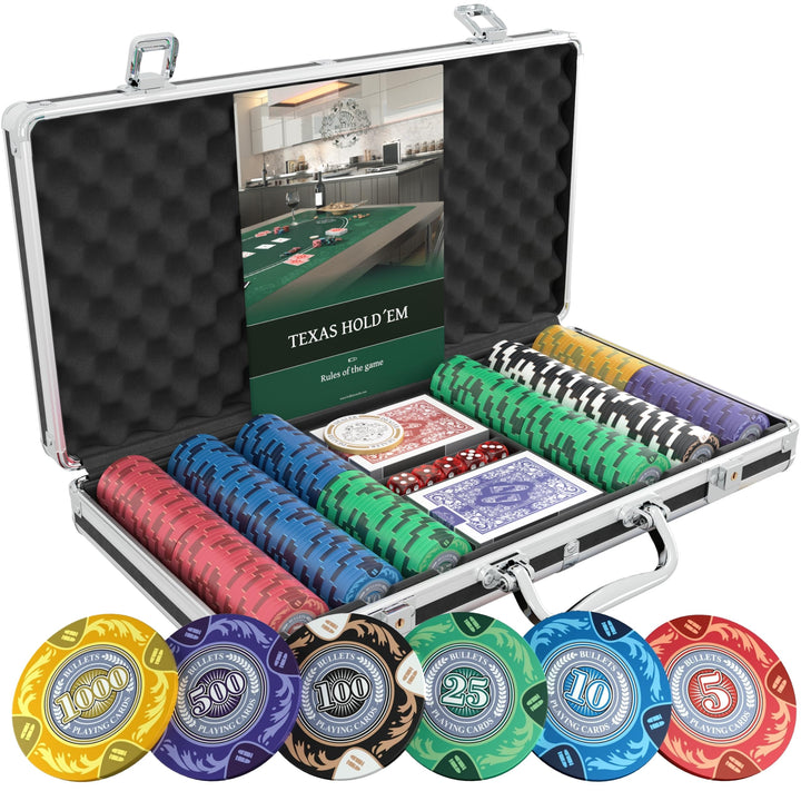 Bullets Playing Cards | Pokerkoffer „Tony“ mit 300 Clay Pokerchips 14g | Pokerset mit Karten, Würfel