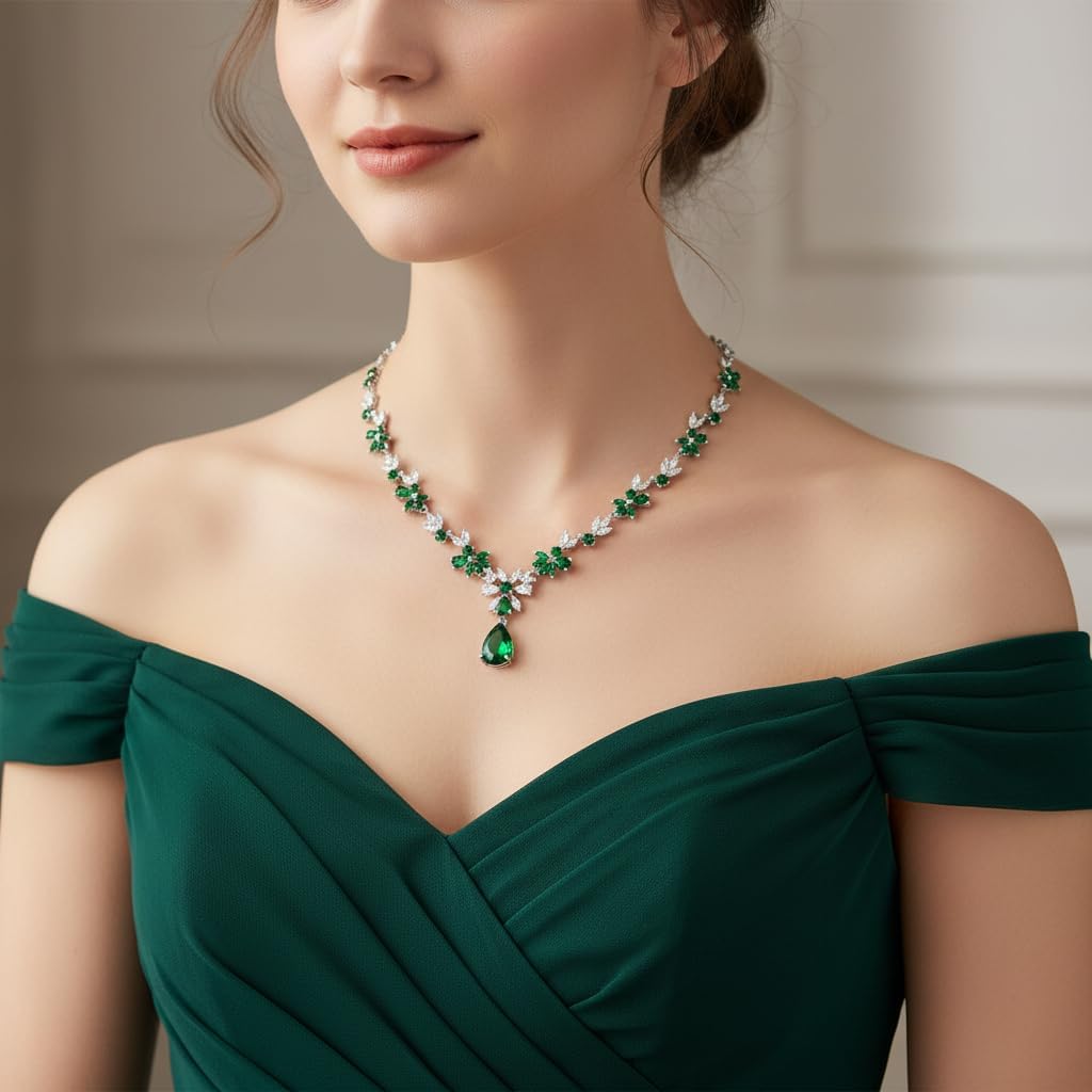 EVER FAITH Hochzeit Schmuck-Set für Damen, Cubic Zirkonia Mode floralen Blatt Rebe Halskette und bau