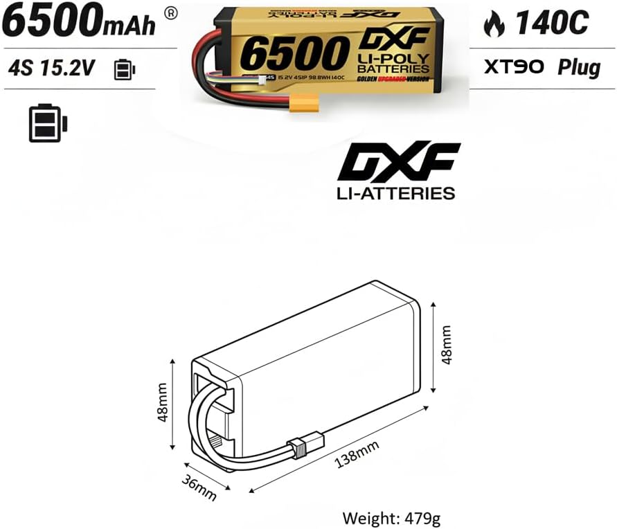 DXF Hochvol 4S 6500mAh 15.2V, 140C, Hardcase mit XT90 Spina per 1:8 Scala RC Auto, Multi-Rotor, RC E