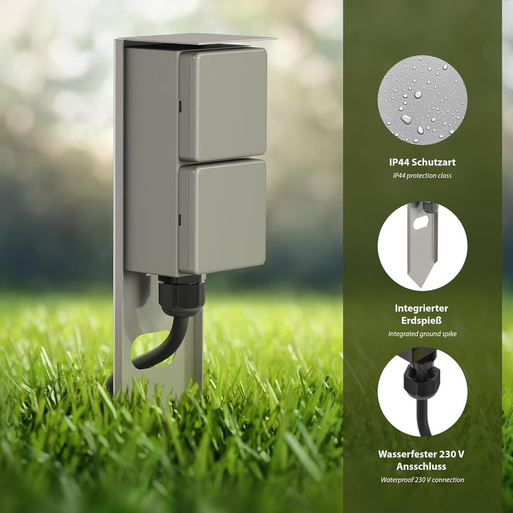 ledscom.de 3 Stück Garten Steckdosensäule PIWI mit Erdspiess für aussen, IP44, 2-Fach, Edelstahl, Ed
