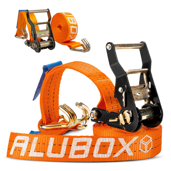 Alubox Spanngurt mit Ratsche und J-Haken 38mm breit orange Belastbarkeit 1000kg Ratschengurt TÜV G/S