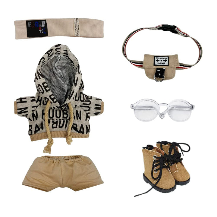 niannyyhouse 20 cm Plüsch-Puppenkleidung, lockerer Hip-Hop-Anzug, Kopfbedeckung, Hose, Rucksack, Bri