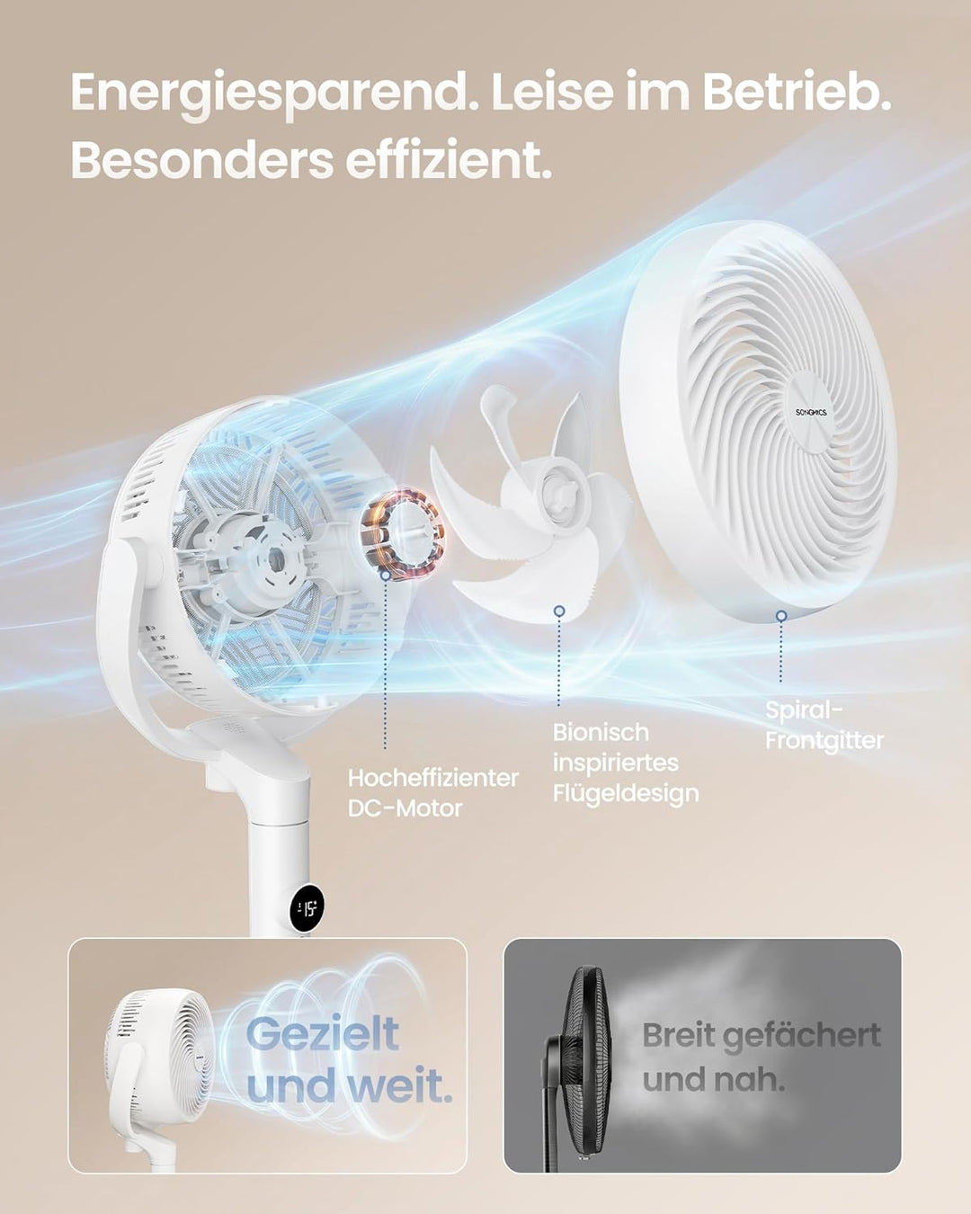 SONGMICS Standventilator, Ventilator leise 20 dB mit Fernbedienung, Luftzirkulator 120° und 135° Osz