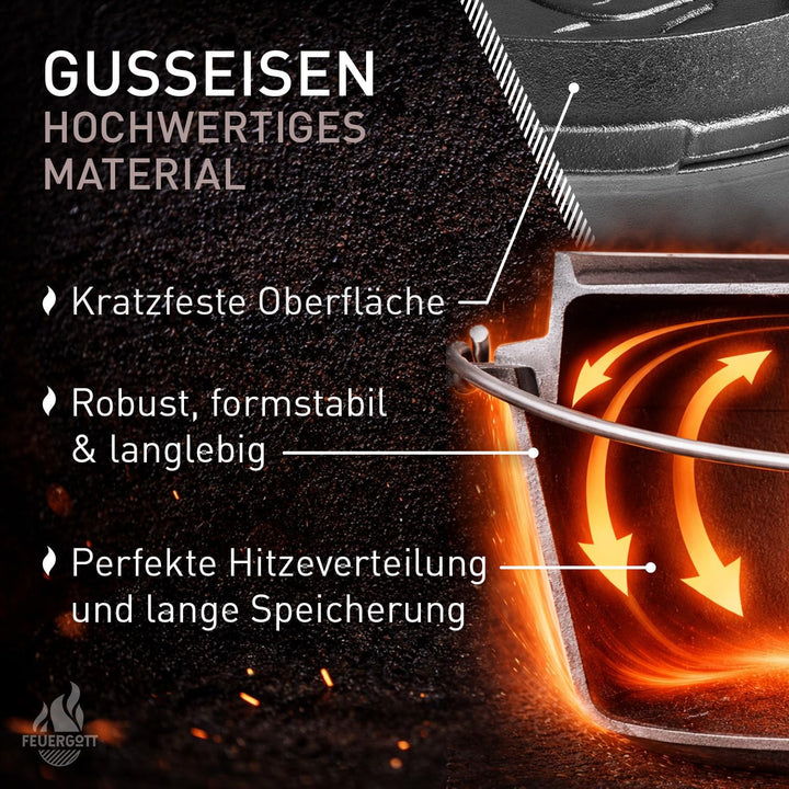 Dutch Oven 6,5L ohne Füsse – Grosser Gusseisen Topf für Herd, Induktion, Backofen, Braten, Brot, Gri