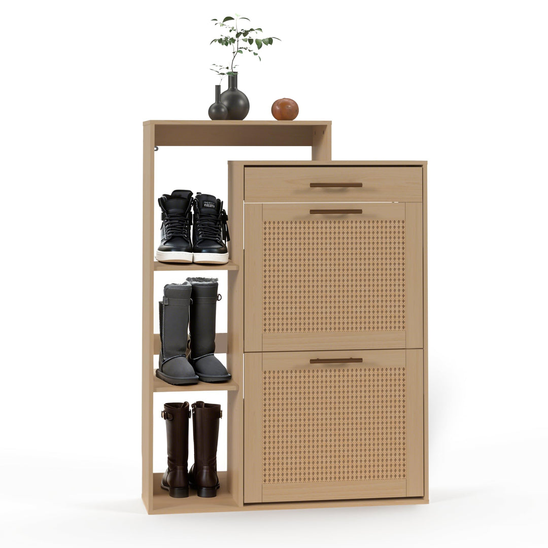 Schuhschrank schmal Holzoptik & handgefertigtes Rattan, moderner Schuhschrank mit Schublade – für Fl
