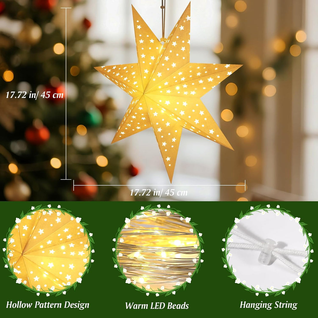 Lewondr Weihnachts Papierstern Laterne 3PCS, Hängende 7-Zackige Sternenlichter mit Ausgeschnittenen