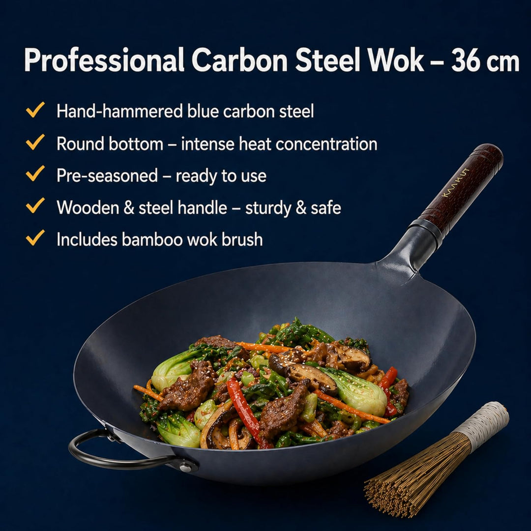 Professioneller Wok 36 cm – Handgehämmerter Blauer Kohlenstoffstahl – Runder Boden – Vorgewürzt – Ga