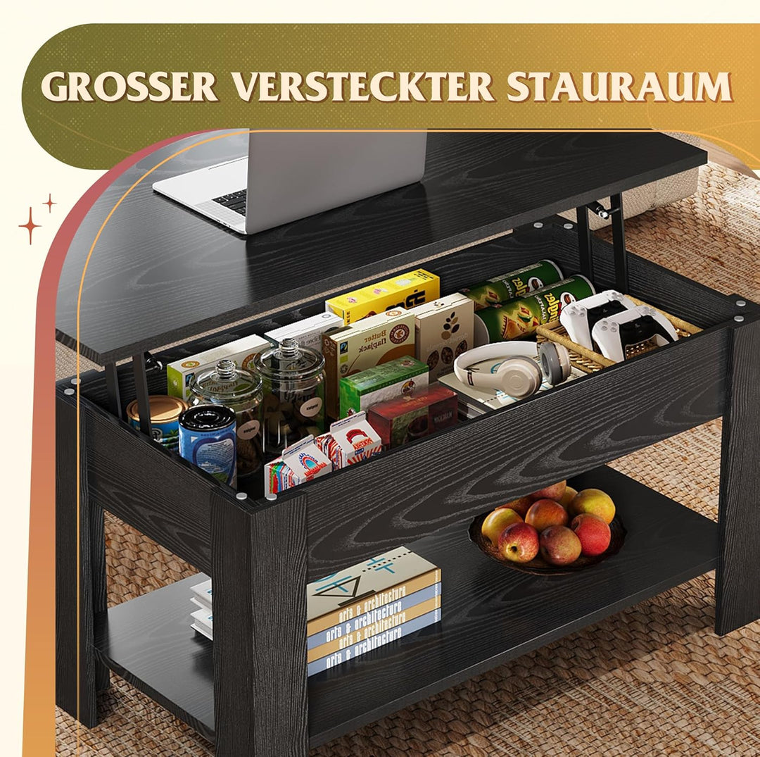WLIVE Couchtisch mit Stauraum, Wohnzimmertisch Höhenverstellbar mit Verstecktem Staufach und Ablagef