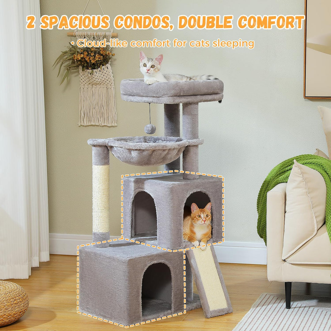 PETEPELA Kratzbaum 104cm Katzenbaum mit 2 geräumigen Höhle für Wohnungskatzen, Katzenhaus mit bequem