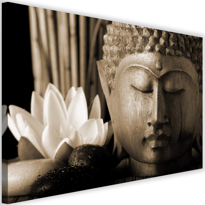 Feeby Wanddeko XXL Buddha Leinwandbild 5 Teilig Blume Lilie Skulptur Zen Sepia 100x70 cm Leinwandbil