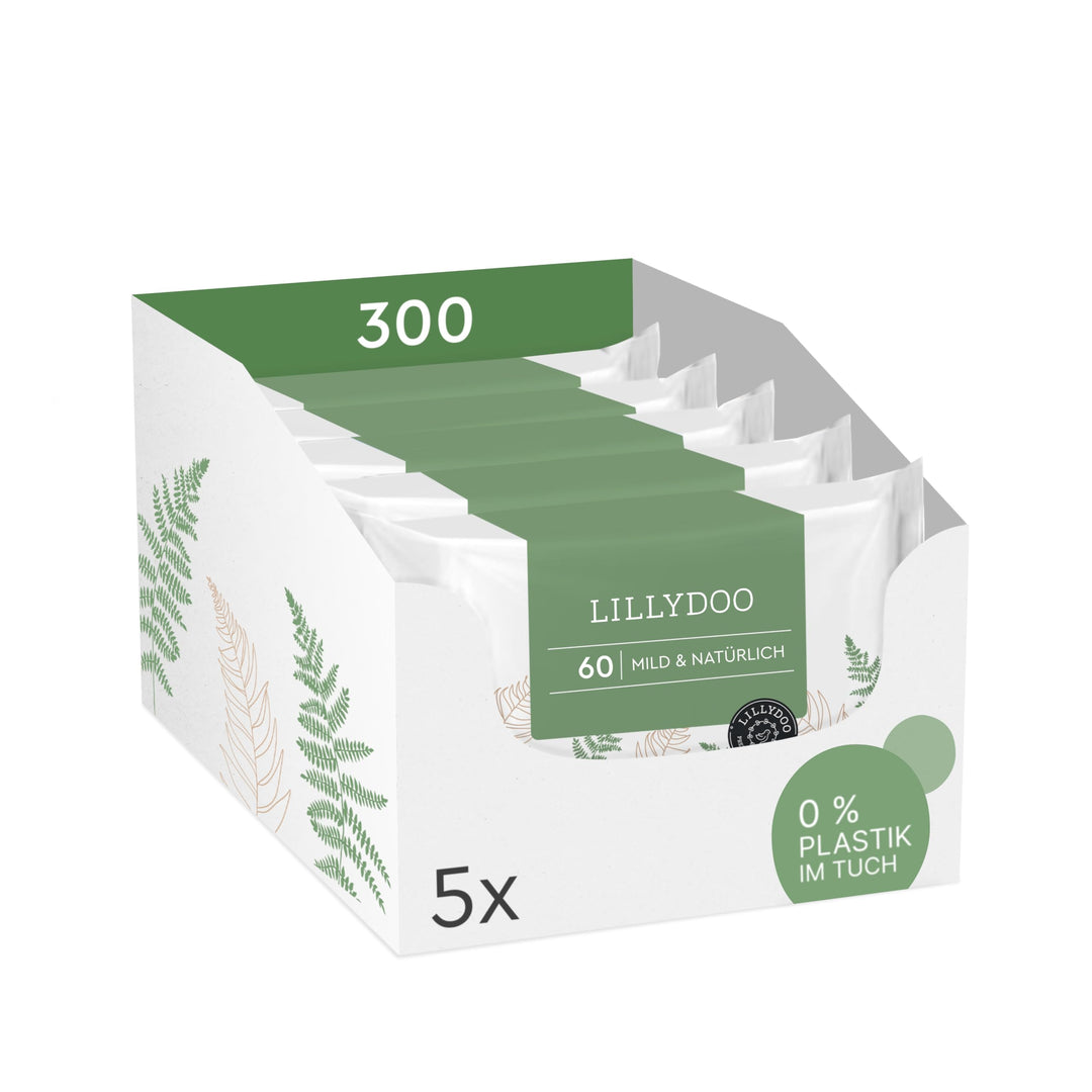 LILLYDOO green Feuchttücher, 300 Stück (5 x 60), 100% plastikfreies, reissfestes Tuch - ohne Parfüme