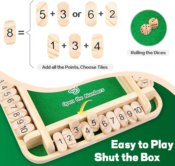 Japace Shut The Box Spiel, Brettspiel aus Holz, 4 Spieler Würfelspiel Mathematik Lernspielzeug Kinde