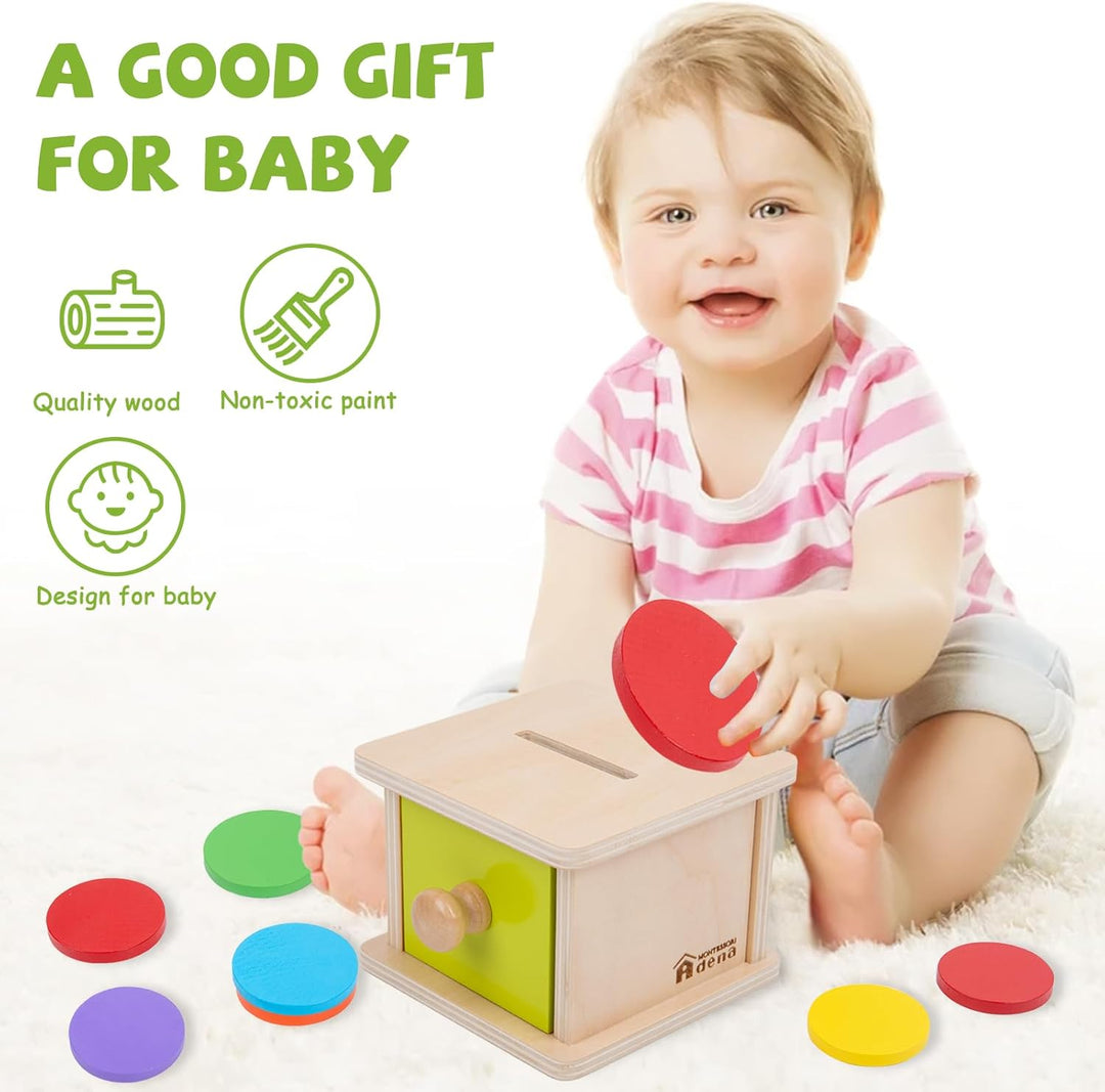 Adena Montessori Spielzeug ab 1 Jahr, Gelb-Grüner Tür Coin Box, Montessori Object Permanence Box Spi