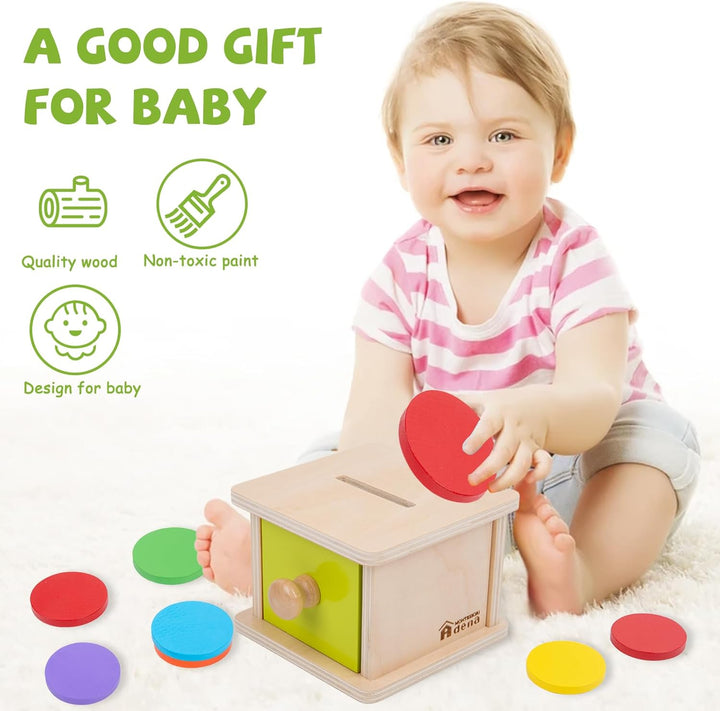 Adena Montessori Spielzeug ab 1 Jahr, Gelb-Grüner Tür Coin Box, Montessori Object Permanence Box Spi