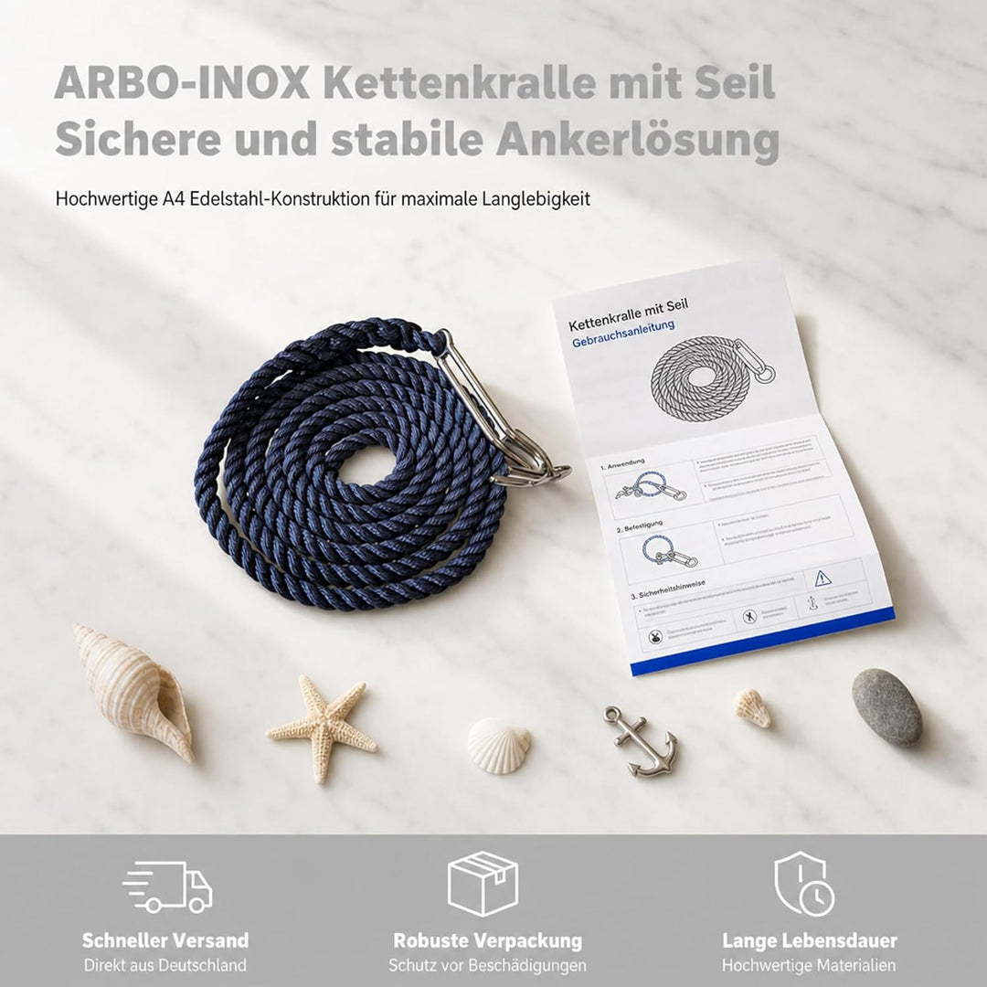 ARBO-INOX Kettenkralle mit Seil Edelstahl 6mm, 6mm