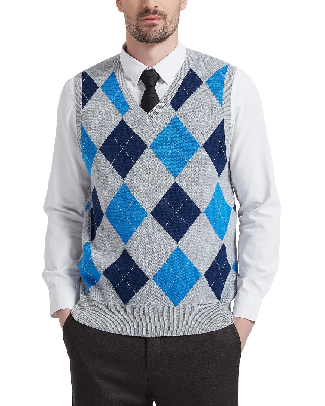 Kallspin Herren Argyle Gestrickt Ärmellos Pullover Wollmischung V-Ausschnitt Strickwesten L Hellgrau