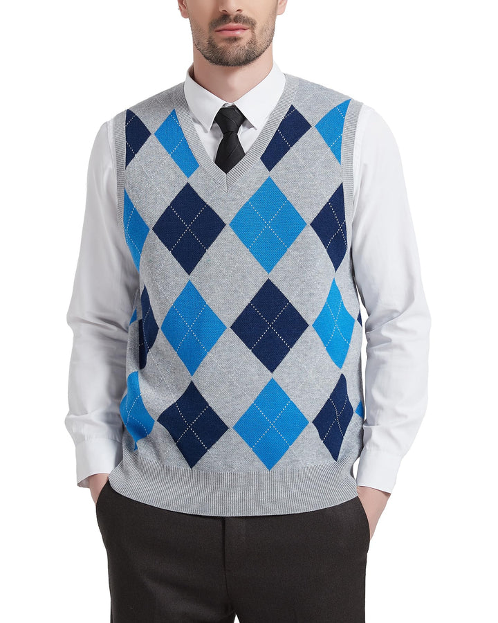Kallspin Herren Argyle Gestrickt Ärmellos Pullover Wollmischung V-Ausschnitt Strickwesten L Hellgrau