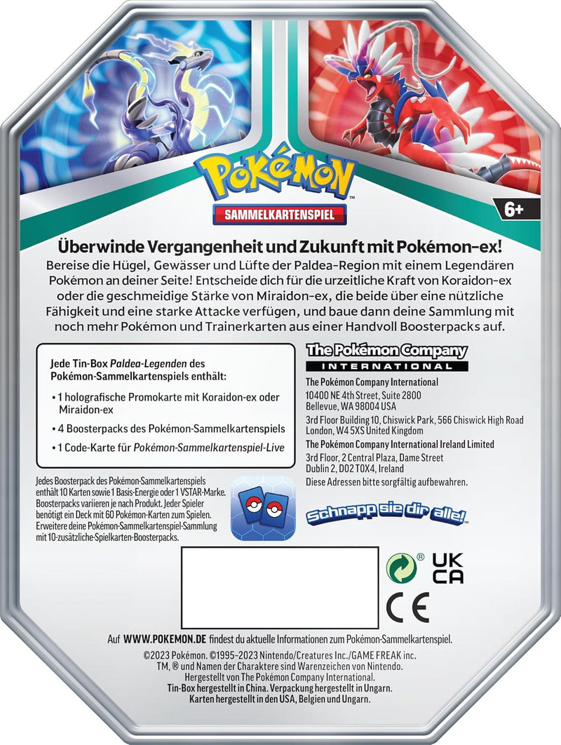 Pokémon-Sammelkartenspiel: Tin-Box Paldea-Legenden – Miraidon (1 holografische Karte & 4 Boosterpack