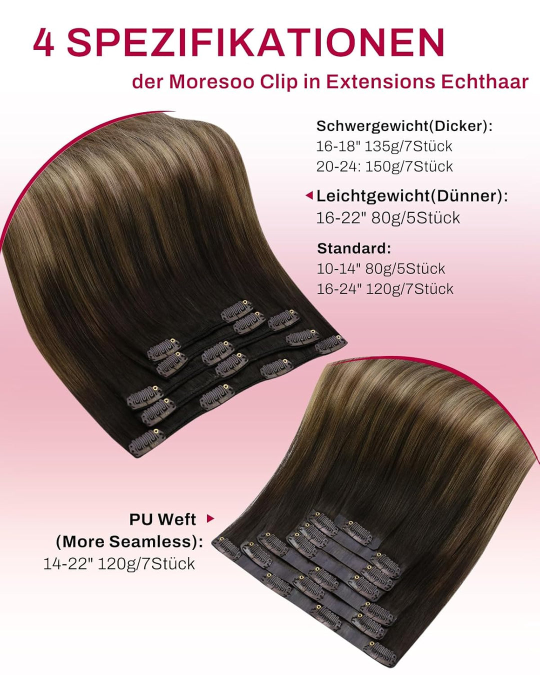 Moresoo Extensions Echthaar Clip Balayage Remy Clip in Extenson Echthaar Ombre Doppelt Tressen Haarv