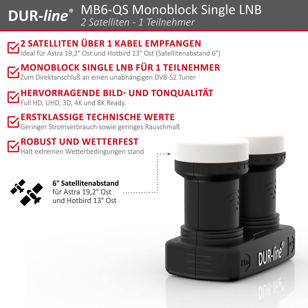 DUR-line 6° Monoblock Single LNB - Astra 19,2°E + Hotbird 13°E - 1 Teilnehmer & 2 Satelliten (MB6-US