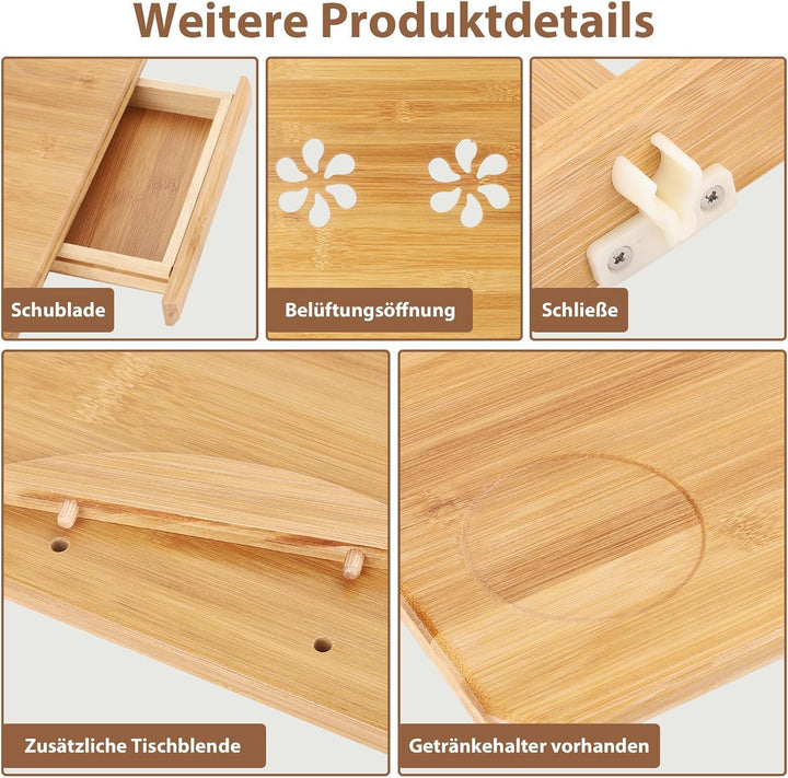 Klappbarer Laptoptisch Höhenverstellbar Lapdesk Notebooktisch mit Neigung Getränkehalter Laptop Tisc