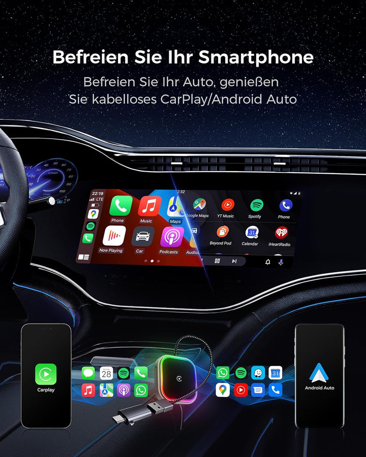 CarPlay und Android Auto Wireless Adapter 2 In 1, V5.3 Bluetooth Stabile Verbindung, Dualband WiFi 6