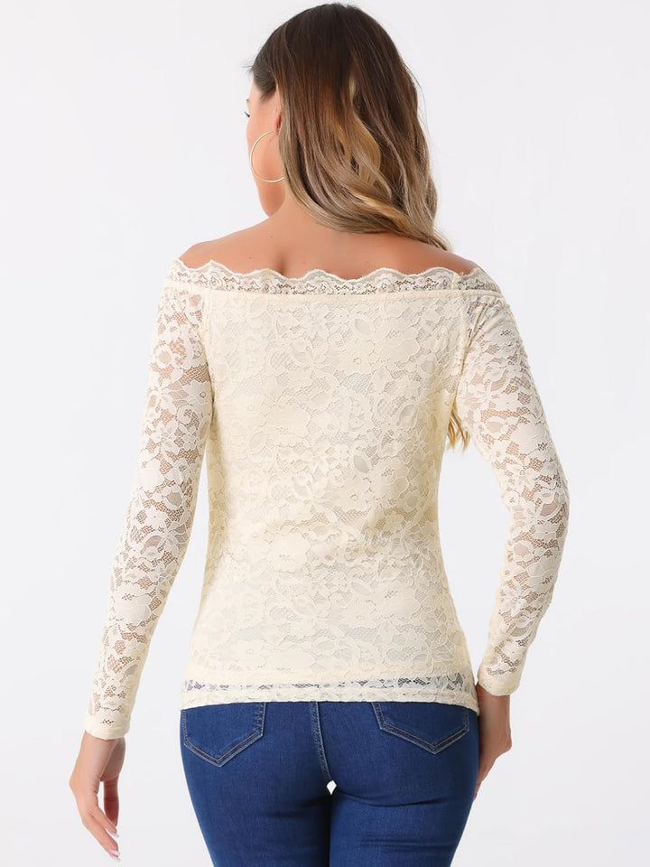 Allegra K Damen Off Shoulder Spitzenbluse Langarm Schulterfrei Oberteil Blumen Transparent Carmenblu