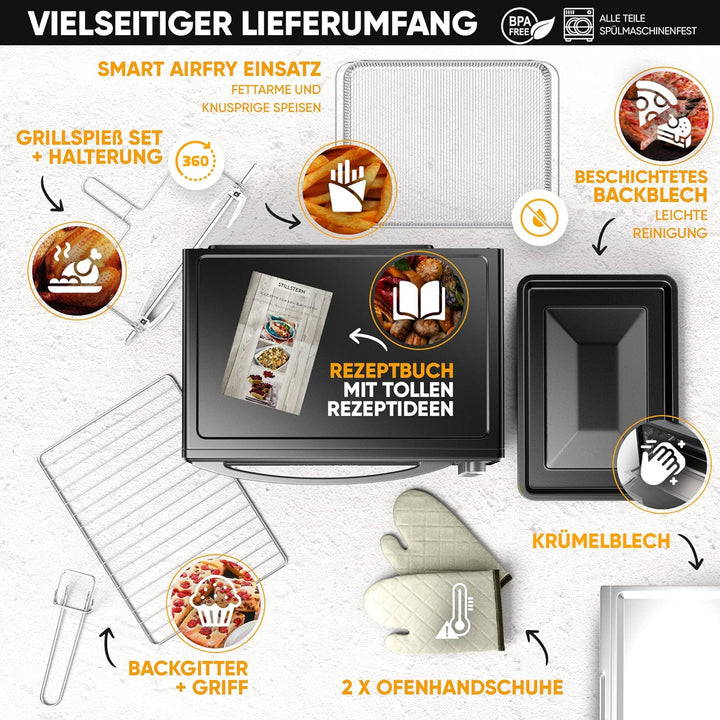 Stillstern Minibackofen mit Umluft (25L, DE Version, inkl. Frittierkorb) Auftauen, 2 Std. Timer, Ofe