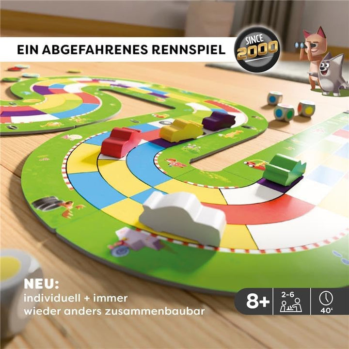HABA Monza – Rasantes Brettspiel & Auto-Rennspiel für Kinder ab 5 Jahren – Mit 6 bunten Holzautos &