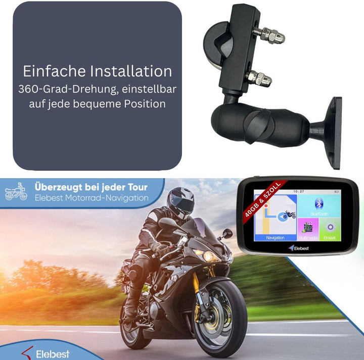 Elebest Rider W5 – 5 Zoll Motorrad-Navi | Wasserdicht (IPX7), Stabile Lenkerhalterung, Radarwarnung,