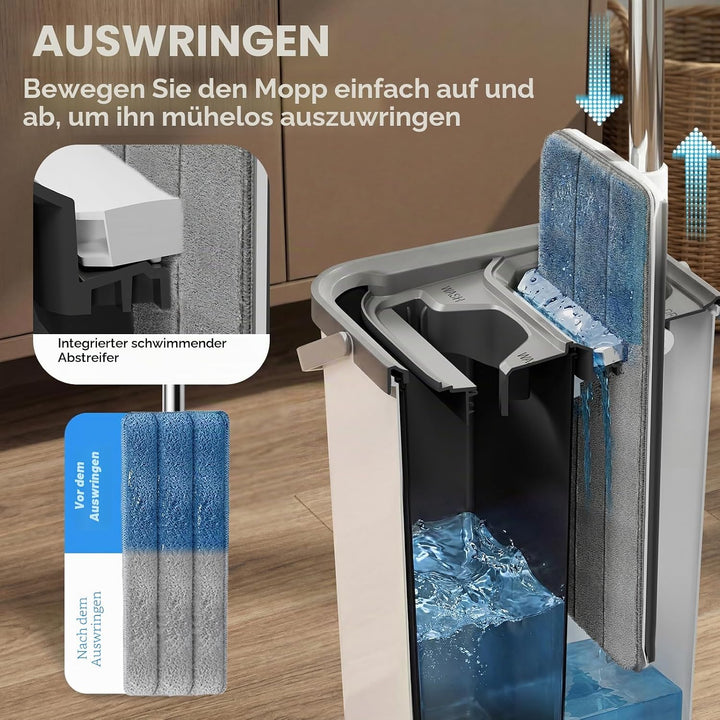 Masthome Bodenwischer Set mit Eimer,Wischmopp Set mit Edelstahlgriff und 4 Mikrofaser Moppkopf, Putz