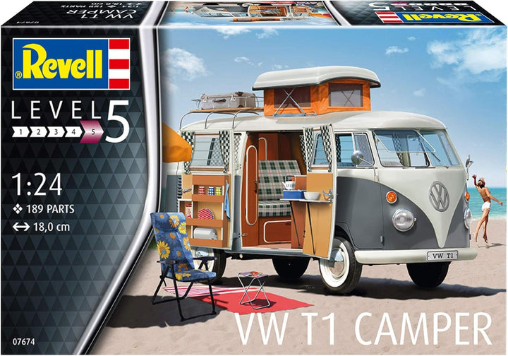 Revell 7674 Volkswagen VW T1 Bulli Camper, Campingbus zum Selberbauen 1:24, 18 cm Zubehör,